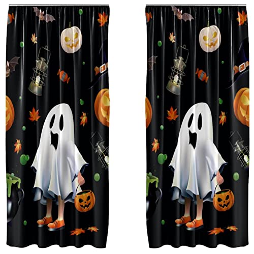 Cortinas opacas de Halloween con calabazas y murciélagos para dormitorio (2 paneles) 2