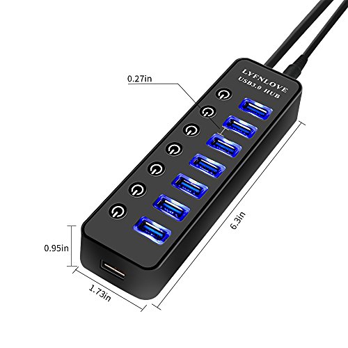 Usb Hub 3.0 Powered, Lyfnlove Usb Extender 7-Port Data Usb Hub With Power Adapter And 1 Smart Charging Port, Usb Splitter With On/Off Switches For Macbook, Mac Pro/Mini, Imac, Surface Pro Laptop/Pc #TOP6