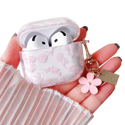 Image of MINSCOSE Compatible with AirPods 4 Clear Case,Cute Flower Floral Aesthetic Design with Flowers Keychain, Soft TPU Protective Shockproof Case for Women Girl for Airpods 4-Pink