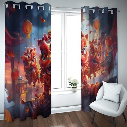 HOBBOY Chinese Style Curtain New Year Holiday Decor Blackout Curtains for Bedroom Living Room Chinese Lion Dance Pattern Window Drapes 2 Panels 2X W38xL63in