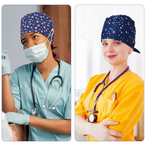 DOPENSPI 2 Stück OP Hauben Damen, Verstellbare Krankenschwesterhauben, Elastischer Binderücken, Arbeitshaube, OP Hauben für Herren mit Knöpfen und Schweißband für Damen und Herren