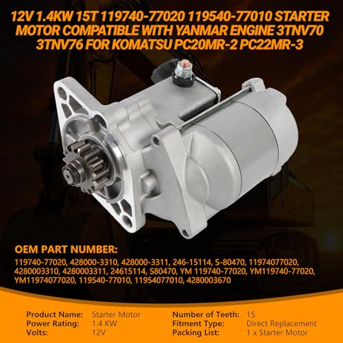 12V 1.4KW 15T Starter Motor 119740-77020 119540-77010 428000-3310 Starter Compatible con Motor Yanmar 3TNV70 3TNV76 3TNV80F Excavadora VIO20-3 VIO27-5 VIO35-5 para Komatsu PC20MR-2 PC22MR-3 miniatura 2