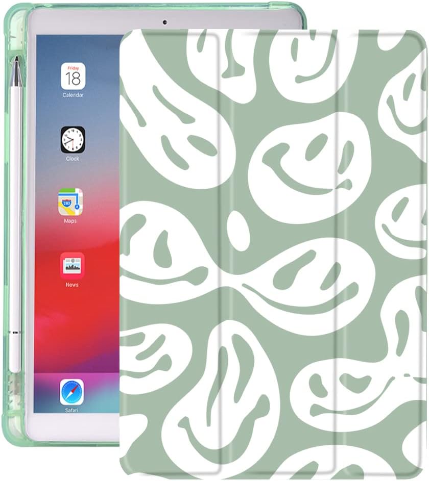 Idocolors Green Pad Case Cute Ghost Face Case for iPad Air Funny Anti-Scratch Shockproof with Pencil Holder Smart Trifold Stand Case Soft TPU Cover(Model Number: A1474/A1475/A1476)