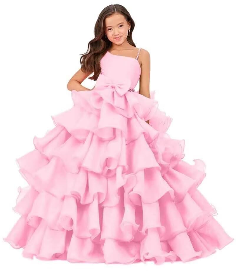 Flower Girl Dress for Wedding Tulle Tiered Ruffles Party Dresses First Communion Dress with Bow Ball Gown F004