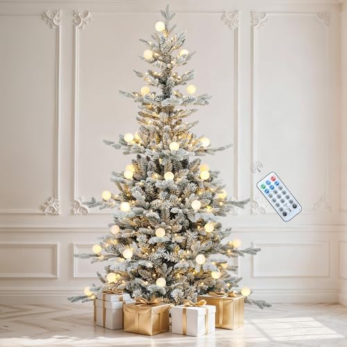 DWVO 6ft Prelit Flocked Aspen Fir Christmas Tree with Bulbs and Lights, Full Artificial Xmas Tree with 1336 Metal Hinged PE & PVC Flame Resistant Branches, 46 Bulbs and 270 Lights Remote Controlled