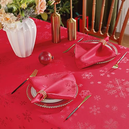 MATIRUG Christmas Tablecloth Rectangle 52x70 Inch,Waterproof Wrinkle Free Red Snowflake Jacquard Fabric Table Cloth for Xmas Winter Holiday New Year – Image 5
