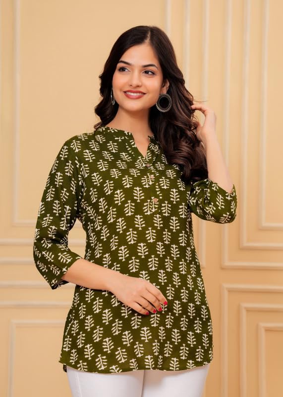 Image of Women's Cotton Printed Kurta Top | 3 /4 Sleeve Straight Kurti Casual Outings