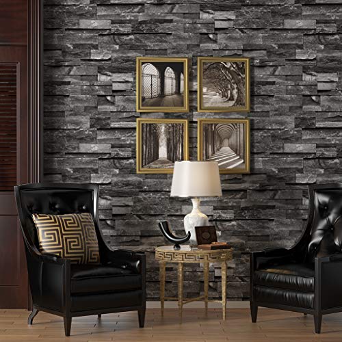 YIFU LIFE F85603 Brick Stone Wallpaper Rolls,Dark Gray/Black Faux Brick Wallpaper Bedroom Living Room Bar Hotels Wall Decoration 20.8