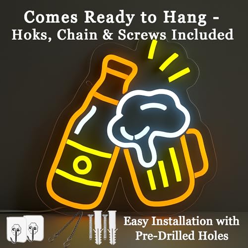 Image of Beer Neon Bar Sign for Wall Decor - Aesthetic USB Powered & Dimmable Cheers Neon Light for Home Bar, Pub, Man Cave, Game Room, Birthday Gift for Beer Lovers