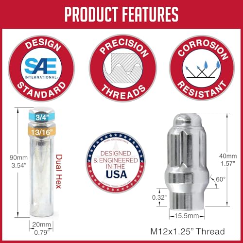 Image of Wheel Accessories Parts 20 Pcs + Key M12x1.25 12x1.25 Thread ET Bulge Acorn (Extra Thread) 1.57 inch Long Spline Lug Nuts Chrome Spline Hex Fits Most Subaru Nissan Pass Cars