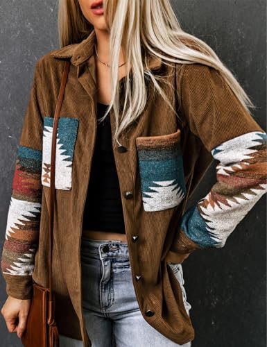 Perbai Womens Corduroy Flannel Shirt Long Sleeve Button Down Aztec Loose Shacket Jacket with Pockets3
