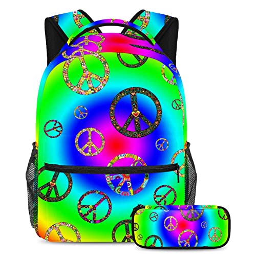 Sac à dos symbole de la paix multicolore et résistant, pack scolaire avec trousse