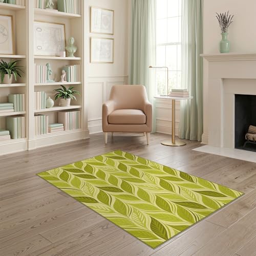ODIKA 4'x6' Washable Modern Botanical Accent Rug, Light Green Non-Shedding Small Carpet Pet Friendly & Non-Slip for Playroom, Bedroom, Reading Nook | Ref:1992917