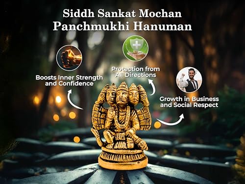 Image of VAMA 100% Pure Brass Sankat Mochan Panchmukhi Hanuman Siddh at Narsimha Temple, Chandni Chowk - Size: 10 cm | Panchmukhi Hanuman Murti for Door Entrance | Panch Mukhi Hanuman Ji for Wall