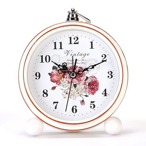 Maxspace Vintage Alarm Clock, 5.25 Silent Non-Ticking Retro Analog Clock, Battery Operated Small Desk Clock for Bedroom/Living Room/Office/Shelf Decor (Peony)