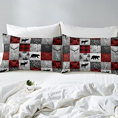 Buffalo Plaid Check Bed Sheets Cabin Decor,Bear Elk Antler Deer Wild Animal Fitted Sheet,Wooden Arrow Footprint Bedding Set,Red Christmas Stripe Patchwork Bed Cover Wrinkle Free,Full Size 3Pcs #TOP3