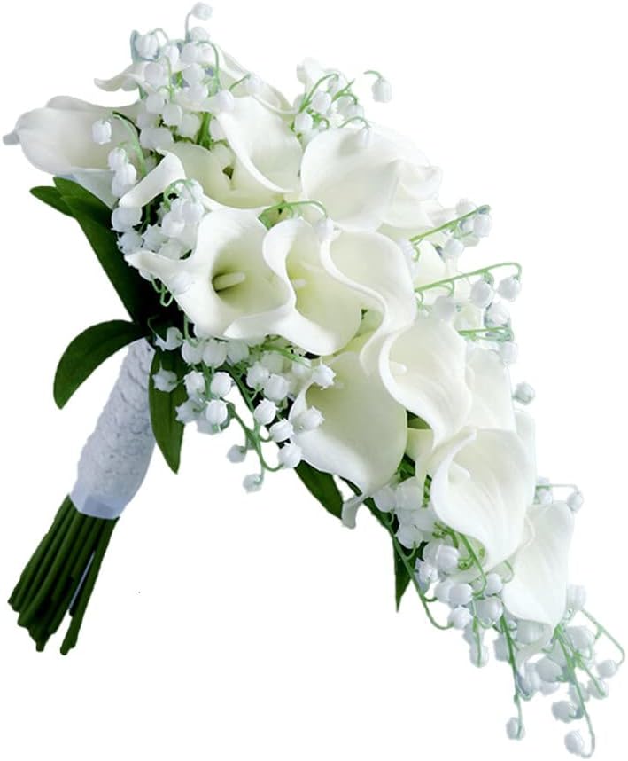 Wedding Bouquets for Bride, White Artificial Calla Lily Bell Orchid Holding Flower Water Drop Holding Bouquet Waterfall Flowers Bunch for Decorations