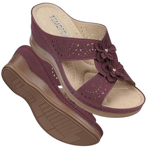 Image of TEMOFON Womens Wedge Sandals Leather: Comfortable Walking Shoes Summer