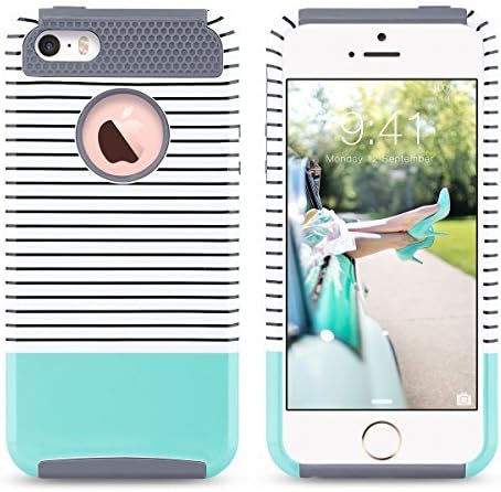 ULAK Case for iPhone SE/5S/5, Slim Fit Protection Case Hybrid Scratch Resistant Hard Back Cover Shock Absorbent TPU Bumper Protective Case(Minimal Mint Stripes+Grey)