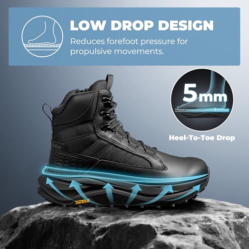 NORTIV 8 Men's Wide Toe Box Work Military Tactical Boots Barefoot Hiking Low Drop Leather Side Zipper Motorcycle Combat Boots Pikes3