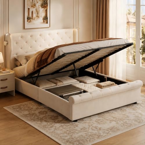 MOTUZP Cama Tapizada Matrimonio 140x190 con LED Cabecero y USB, Estructura Cama Doble con Espacio de Almacenamiento, con cabecero y somier de láminas, sin colchón