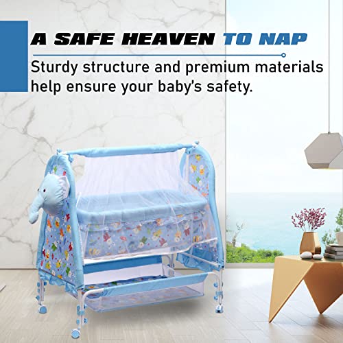 Image of Funbaby New Born Baby Swing Cradle Crib Jhula with Mattress Pillow Adjustable Height and Mosquito Net Bassinet & Wheels (Elephant Blue)