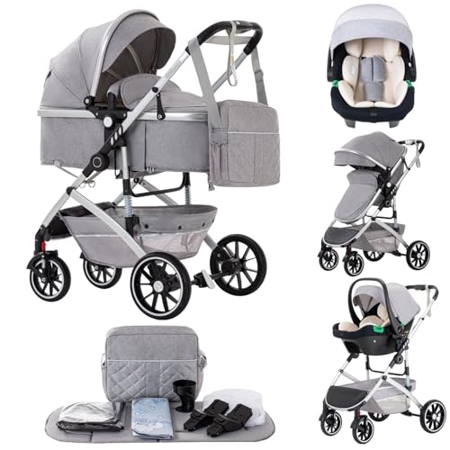 Lnhcrbs Kinderwagen 3 in 1,Reise Stroller ist Schnell mit Einem Klick Zusammenklappen,Hochformatiger Kinderwagen Set mit Vergrößertem Schlafkorb,Pram ist an den Vorderrädern abschließbar