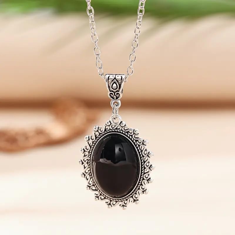 Vintage Black Onyx Pendant Necklace for Women - Antique Silver Oval Gemstone Pendant with Ornate Frame - Gothic Victorian Style Jewelry - Image 2