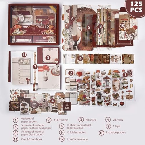 Image of VIBE VISTA Vintage Aesthetic Scrapbook Kit, 346 Pcs, A6 Grid Notebook, Washi, Envelopes, Scrapbook Papers, Folding Labels, Background Papers, Photo Frames, Calendar Stickers, Stickers (Mushroom)