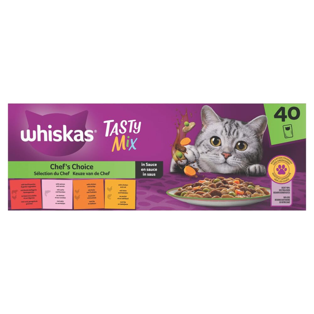 WHISKAS Cat Meal - 40 Freshness Sachets - Tasty Mix Chef's Selection (4 Varieties) - Adult Cat Food in Sauce - Complete & Balanced Wet Food
