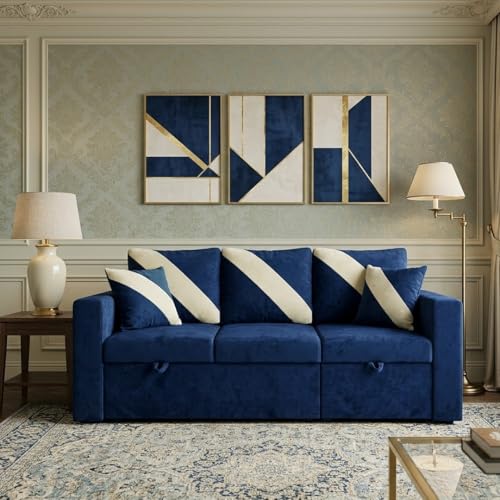 Image of FURNY Trivia 4 Seater RHS Lounger Sofa Cum Bed (Dark Blue) with Pull-Out Function | Luxury Velvet Suede Finish | Durable Comfort | Ideal for Living Room