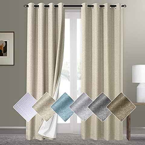 100% Blackout Linen Curtains Room Darkening Thermal Insulated Noise Reducing Sun Blocking Lined Burlap Window Curtain for Bedroom/Living Room(W50 x L84 2 Panels, Natural) Cover