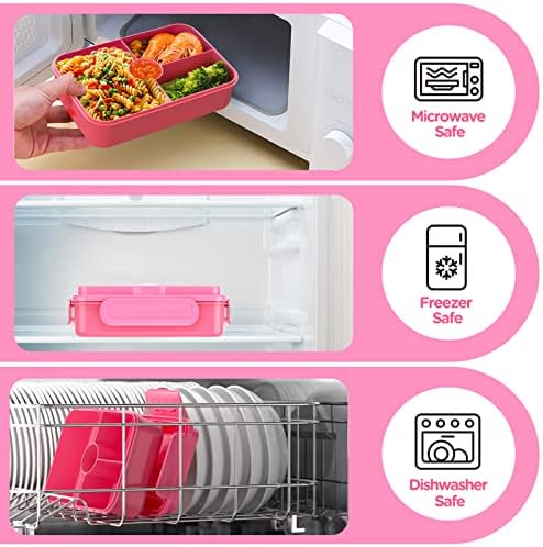 JIM'S STORE Lunch Box Bento Box for Kids Adults, 1100ml Bento Lunch Box with Compartments Leakproof Lunch Container with Cutlery Pink
