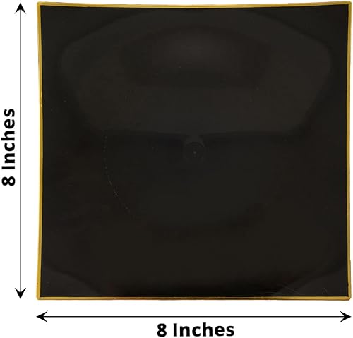 Miniatura 3 de Tableclothsfactory Paquete de 10 platos llanos cuadrados cóncavos de plástico duro de 8 pulgadas negrodorado, platos desechables para fiestas