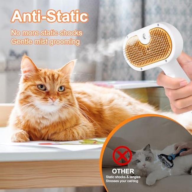 Cat Steam Brush, Pet Steam Brush for Cat & Dog, Mist Spray Comb, Spritz Defur Tool, Water Grooming Kit, Dog Hair Removal Steam Cleaner with Release Button Contains 1*Shampoo, Dental Wipes-ZLSoTutF