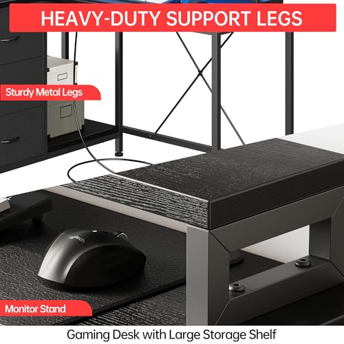 Image of Hetoy L-Shaped Gaming Desk with Power Outlets, Corner Desk with Drawers, Shelves & LED Lights, Computer Desk for Home & Office