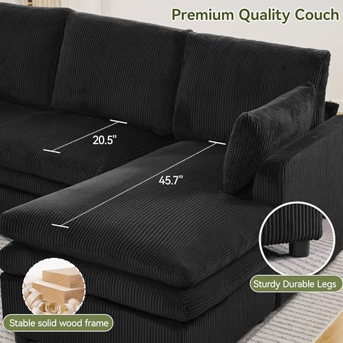 Image of 85 inch Sectional Couches with Comfy Deep Dual-Layer Cushion, 5 Seater L Shaped Couch, Modern Modular Sofa, Corduroy Sofas for Living Room, Apartment, Black