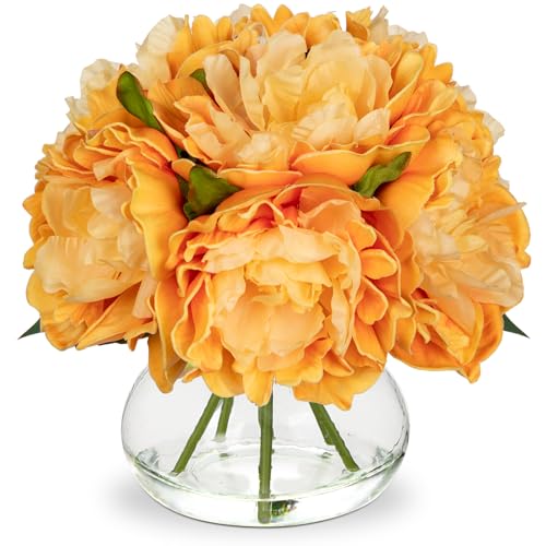 Hollyone Orange Peonies Fall Flowers Artificial for Decoration in Vase Faux Flowers Autumn Peony Silk Flower Arrangements with Glass Vase with Fake Water Table Centerpiece Fall Decorations for Home