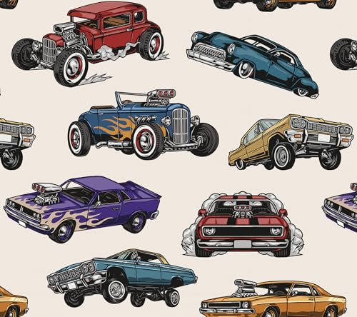 Decotalk Cartoon Car Wallpaper Peel and Stick - Colorful Cars Wallpaper for Kids Room Nursery Vintage Classic Car Wall Paper Vinyl Self Adhesive 17.5x120 Cars Vehicle Pattern Vinyl for Playroom