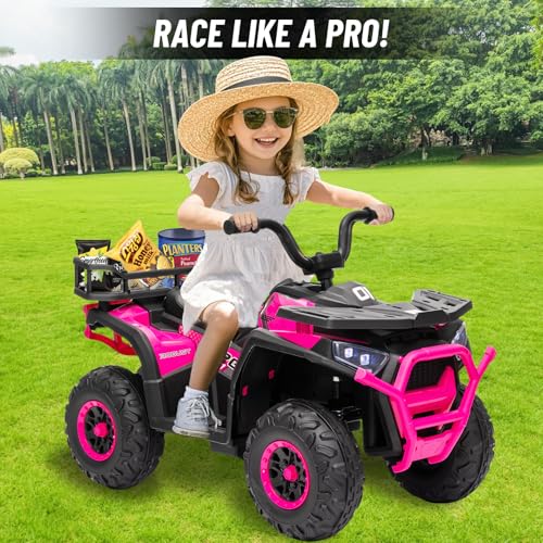 24V 4x4 Ride on Toys Car, BLISSRIDE Kids ATV Quad w/Kneepads, Bluetooth Music, LED Lights, Rear Storage Rack, Spring Suspension, Safe Soft Start&Brake, Electric 4 Wheeler for Kids Boys Girls,Rosered