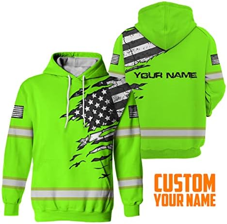 HiVis Custom Safety Hoodie Scratch Green US Flag Customize Name High Visibility Hoodie for Men Reflective Workwear for Runners, Walkers, Truckers, Operators, Patriotic — view 3