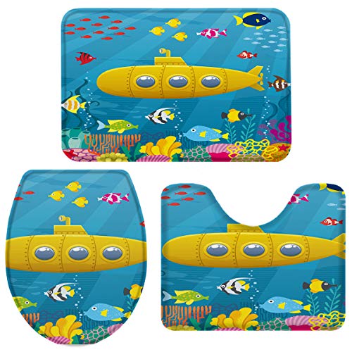 Queenker 3 Pieces Bath Rug Set Toilet Seat Cover Yellow Cartoon Submarine Print Contour Rug, Pedestal Mat and Toilet Lid Cover?Non-Slip Bathroom Floor Mat 20''x31''+16''x18''+16''x20''