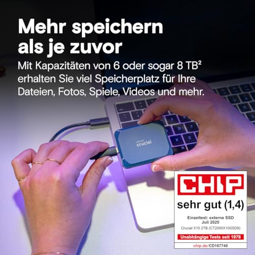 Crucial X10 8TB Externe SSD Festplatte, bis zu 2.100MB/s, USB-C 3.2 Gen2, IP65 Wasser- und Staubgeschützt, Portable SSD für Mac, PC, Smartphone und Spielkonsole, Blau matt - CT8000X10SSD9-02 – Bild 3