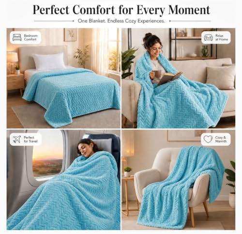 Image of SANMARINO Premium 300 GSM Single Bed Flannel Blanket | Ultra Soft Leaf Emboss Plush Blanket | All Season Lightweight & Cozy | AC Blanket for Bed, Sofa, Couch, Travel & Camping | 152x228 cm,Aqua