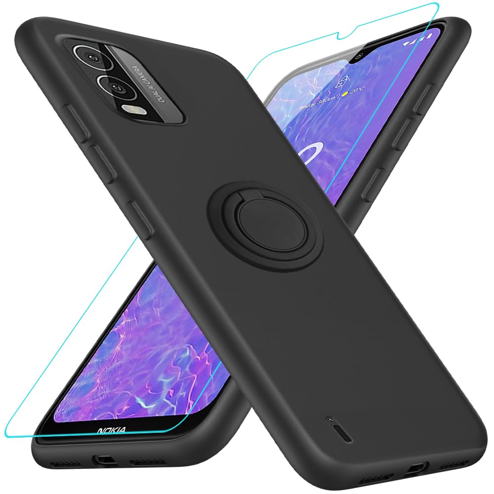 Nokia c210 Phone Case with Glass Screen Protector 360 Rotatable Ring Holder Magnetic Kickstand Stand Silicone TPU Shockproof