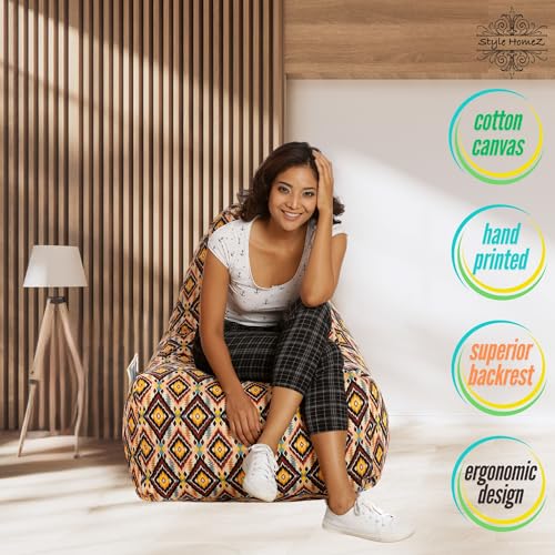Image of Style Homez Hackey Cotton Canvas Geometric Printed Bean Bag XXL Size Filled with Beans Fillers