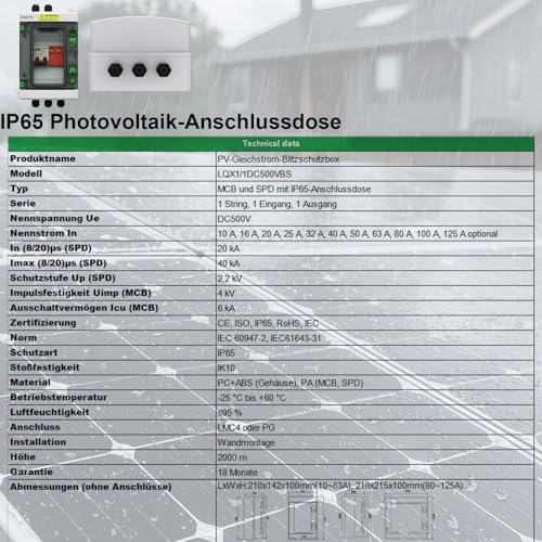 CNLonQcom überspannungsschutz PV DC Trennschalter Blitzschutz 500V 40A Leitungsschutzschalter mit IP65 Solar Anschlusskasten 1 In 1 Out für PV Anlage Komplettset