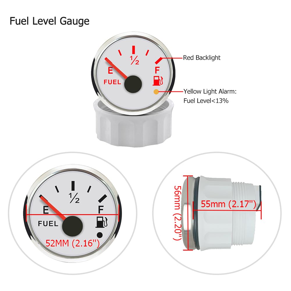 ELING Indicador de nivel de combustible de 52 mm 0 – 190 ohmios con retroiluminación roja de 12 V 24 V con 380 mm de nivel de combustible, sensor para coche y camión
