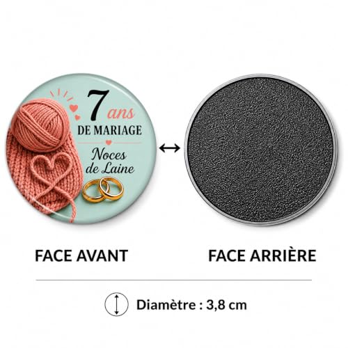 Badgmania Magnet Aimant 7 Ans de Mariage – Noces de Laine – Cadeau Romantique Couple Élégant – Souvenir Anniversaire Raffiné – Fabriqué en France – Ø 38 mm – vue 5