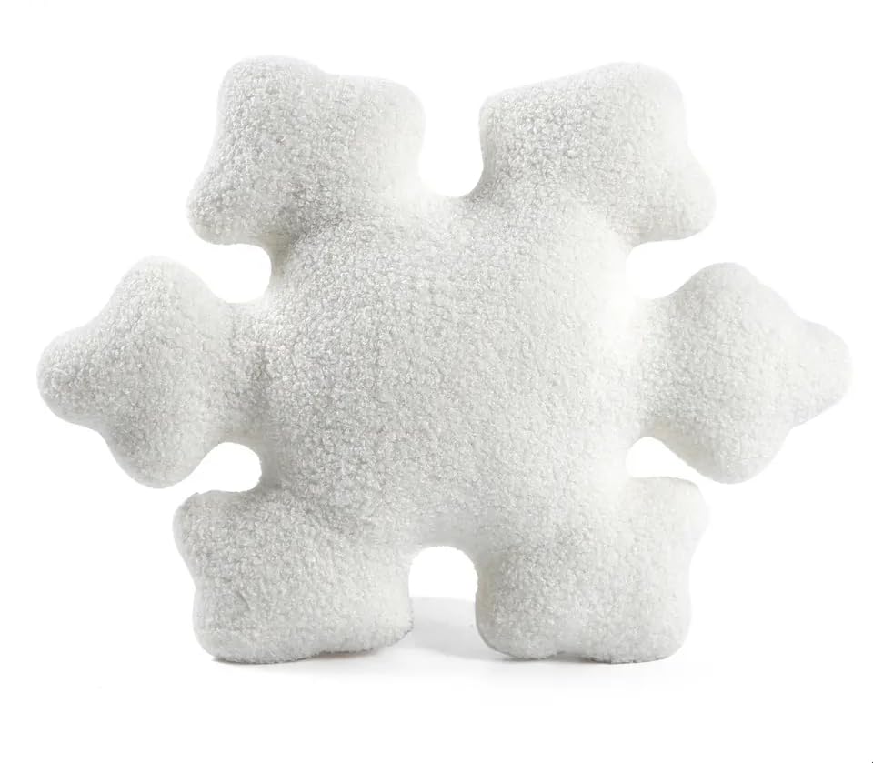 Christmas White Snow Flake Flower Shape Sherpa Plush Cushion Pillow with White Pompom Comfy Plush Home Decor Pillows with Insert